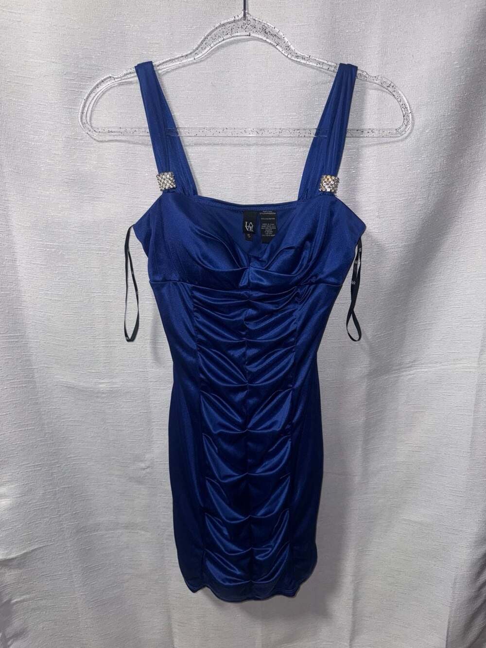 Love Tease Royal Blue Satin Ruched Bodycon Dress with Jeweled Straps